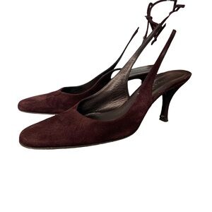 Martinez Valero Burgundy Wine Suede Tie Back Heels Pumps Round Toe Women’s Sz 9*